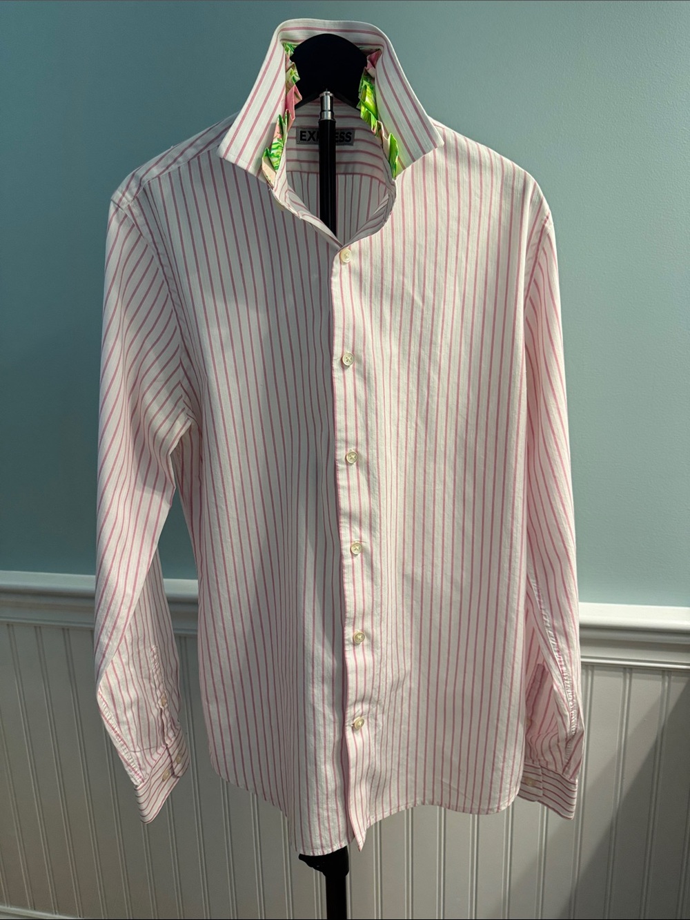 Reimagined men’s Express white Dress Shirt with Pink Stripes, “Lilly” ruffle